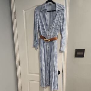 Blue Striped Shirt Dress with Belt